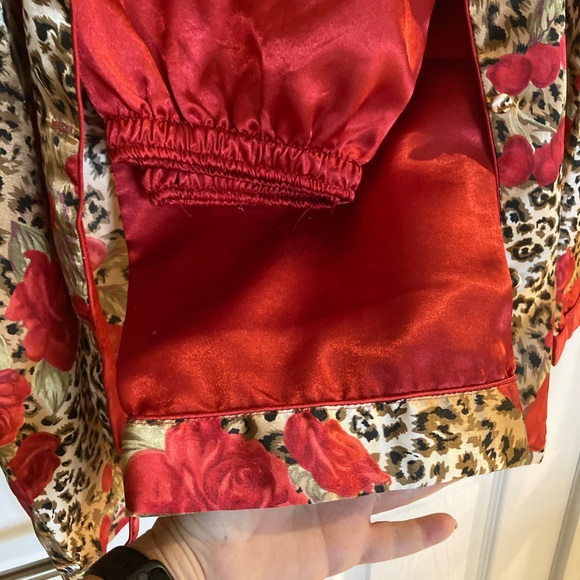 Silk Satin Pajama Set, Leopard Print, Red Roses, Animal Print, Red, Brown, Beige - Picture 4 of 9